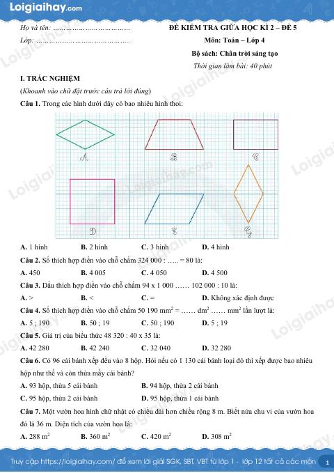 Đề kiểm tra giữa học kì 2 Toán 4 Chân trời sáng tạo - Đề số 5